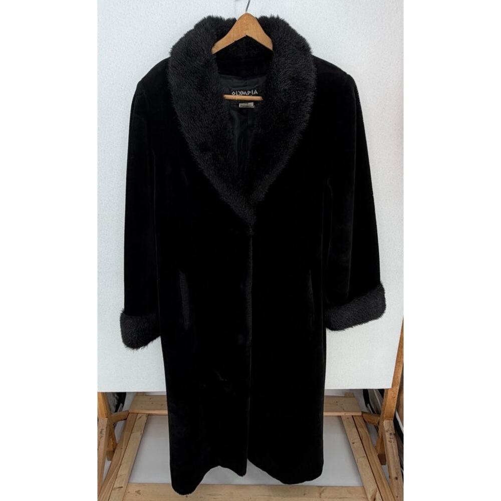 Olympia Limited Inc Black Faux Fur Long Coat Pockets Fully Lined 3 Clasp L - Picture 9 of 12